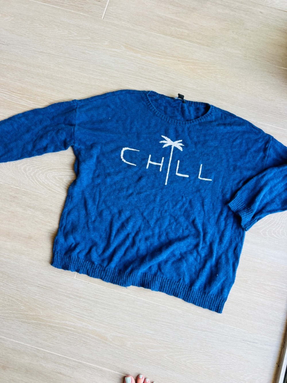Tribal Blue Crewneck Sweater with White 'CHILL' Palm Graphic